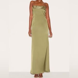 PrettyLittleThing Olive Sage Green Maxi Dress Frill Back NWT